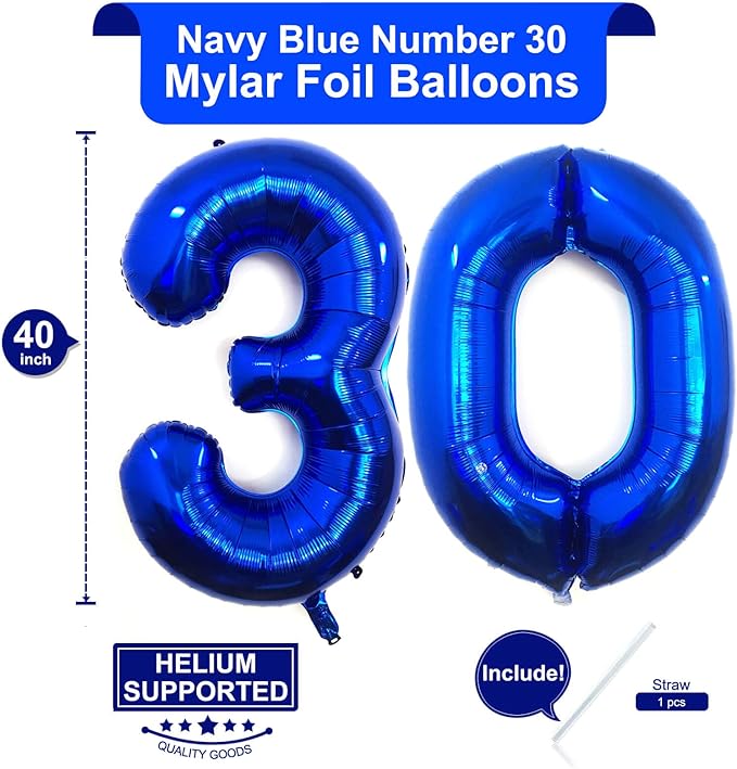 40 Inch Navy Blue 30 Number Balloons Giant Jumbo Huge 30 Foil Mylar Helium Number Digital Balloons Dark Blue Birthday Mylar Digital Balloons Dirty 30th Birthday Party 30th Anniversary Events Party