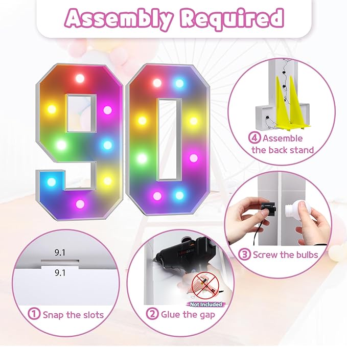 Marquee Numbers 90th Birthday Decoration: Colorful 3FT Large Light Up 90 Year Old Birthday Decorations Anniversary Backdrop Cardboard Sign 18 Colors Number 90 Mosaic Balloon Frame