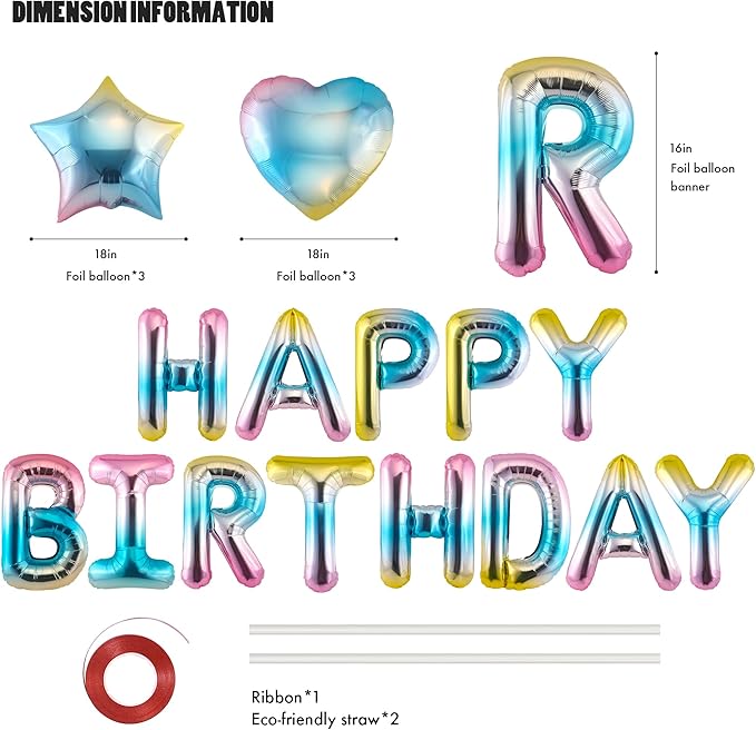 CANREVEL Happy Birthday Banner 13pcs 16 Inch Mylar Foil Letters with 6pcs Star & Heart Balloons Birthday Party Decorations for Kids and Adults - 3D Gradient