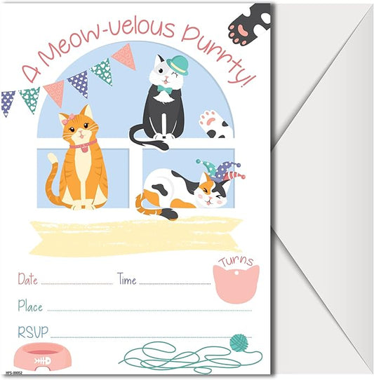 Kitten Birthday Party Invitations with Envelopes - (Pack of 20) - Cat Themed Party Invitations for Girls, Children, Boys, Toddlers, and More. Cat Birthday Party Supplies. Fill in Style