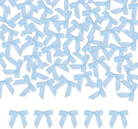Meseey 100 Pcs 1.5 Inches Premade Craft Bows Self Adhesive Baby Blue Satin Ribbon Bows for Treat Bags Gift Wrapping Basket Wedding Baby Shower Brithday Party (Baby Blue)