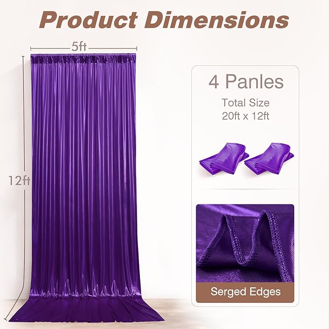 20x12FT Deep Purple Sequin Backdrop Curtain -4 Panels 5x12FT Wrinkle Free Shimmer Back Drop Cloth, Glitter Backdrop Drapes for Photography, Birthday, Wedding, Graduation Background