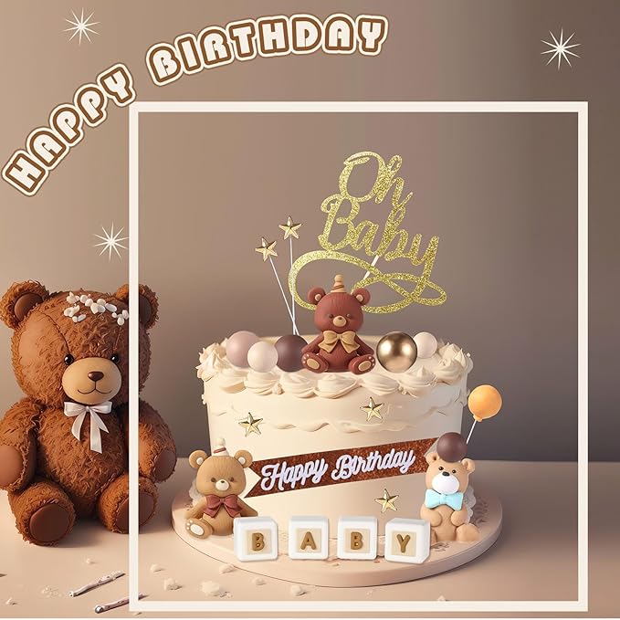 Beeveer 42 Pcs Bear Balls Cake Toppers Bear Cake Decorations Brown Candle Decorations Supplies for Birthday Party Wedding Baby Shower