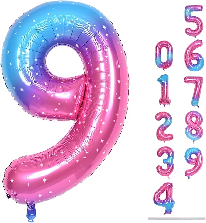 40 Inch Rainbow Gradient Balloon Number 9 Beige, Large Blue Pink Purple Foil Number Balloons Set 0-9, Starry Digital 9 Helium Balloons for Girls Women 9th Birthday Anniversary Party Decoration