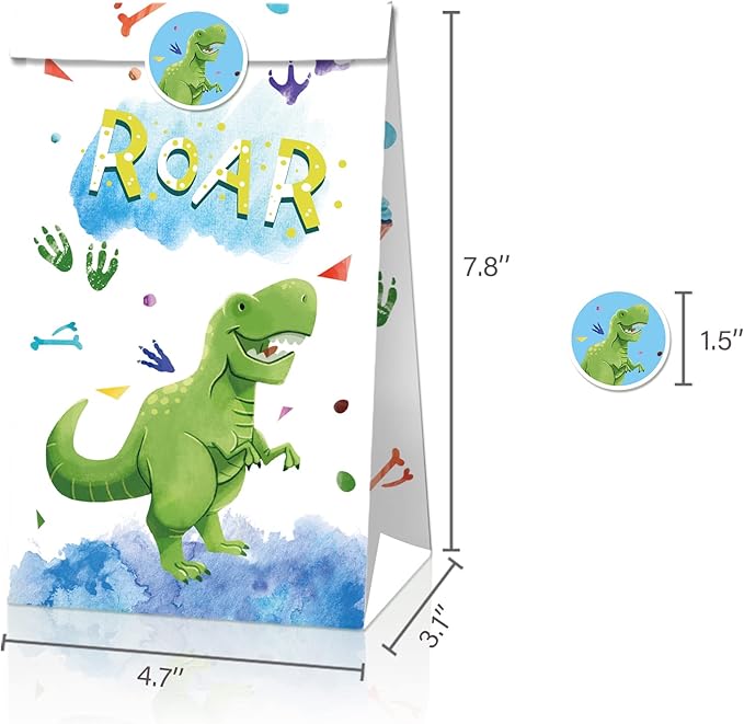 24Pcs Dinosaur Party Favor Bags with 36 Stickers, Watercolor Dino Kraft Paper Gift Bags ,Jurassic Dino Goodie Bags for Kids Birthday,Baby Shower, Dinosaur Themed Party Supplies Decorations