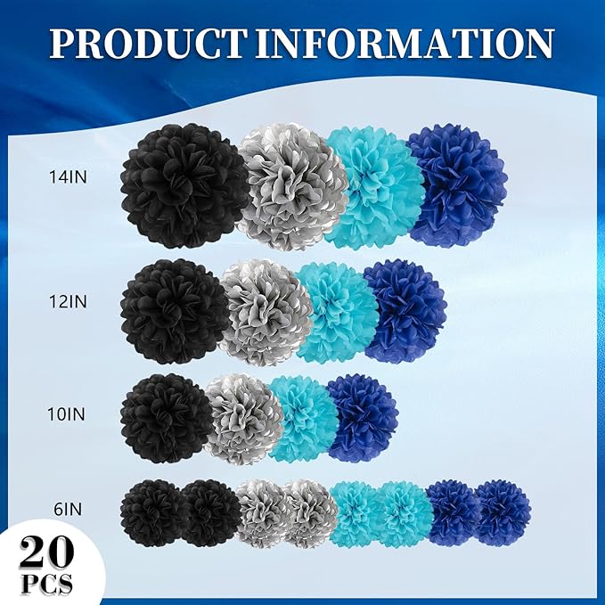 20 PCS Tissue Paper Pom Poms, Tissue Pom Poms Flowers, Sizes of 6", 10", 12", 14" Hanging Paper Flower Ball for Wedding, Birthday, Graduation, Baby Shower Party Decor (Black Silver Blue)