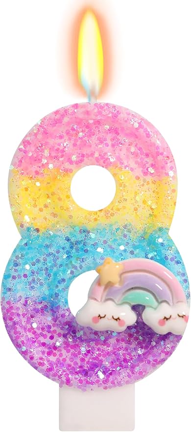 Rainbow Candles for Cakes, Number 8 Candle Rainbow Cake Topper for 8th Birthday Decorations for Girls