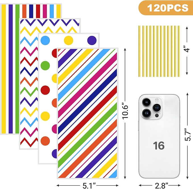 Aubeco 120 Pack 10.6x5.1 Inch Cellophane Treat Bags with Ties - Polka & Rainbow Stripes Candy Gift Baggies for Birthday, Wedding Party Favors, Snack Packing Supplies