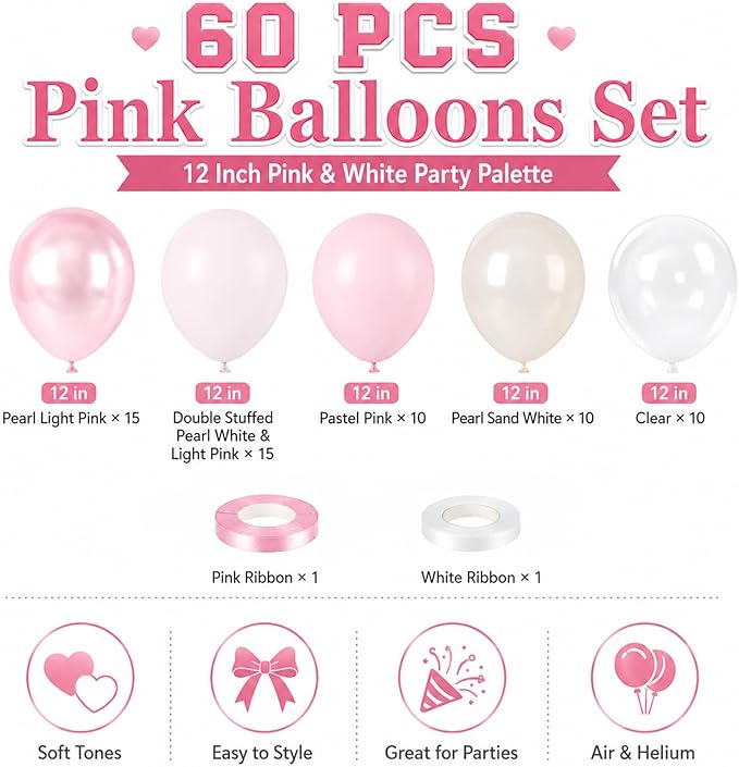 Pink Balloons, 60Pcs Pink and White Balloon, 12 Inch Latex Pastel Pink Balloons Helium for Women Girls Birthday Baby Shower Bridal Shower Gender Reveal Romantic Wedding Engagement Party Decorations