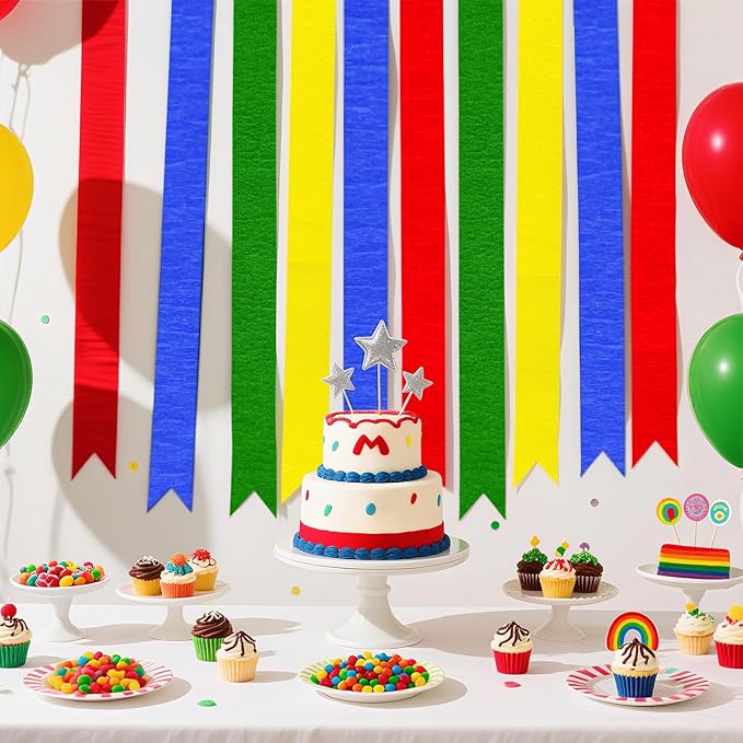 Super Brothers Birthday Party Decoration, 8 Rolls Red Green Blue Yellow Crepe Paper Streamers, for Boys Girls Game Theme Adventures Party Supplies