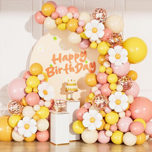 Boho Daisy Balloon Arch Garland Kit, 136Pcs Groovy Balloons Set with Pink Yellow Orange Nude Balloon, Daisy Flower Balloons for Two Groovy Birthday Baby Shower Wedding Party Decorations