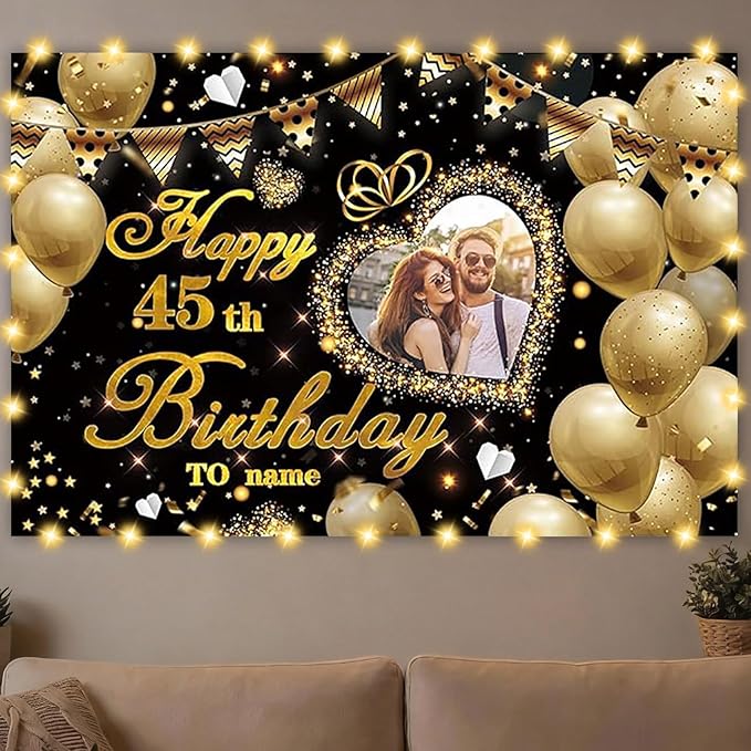 Dicodes Custom Black and Gold Theme Birthday Banner for Party Happy Birthday Backdrop Decoration Personalized with Name and Photo