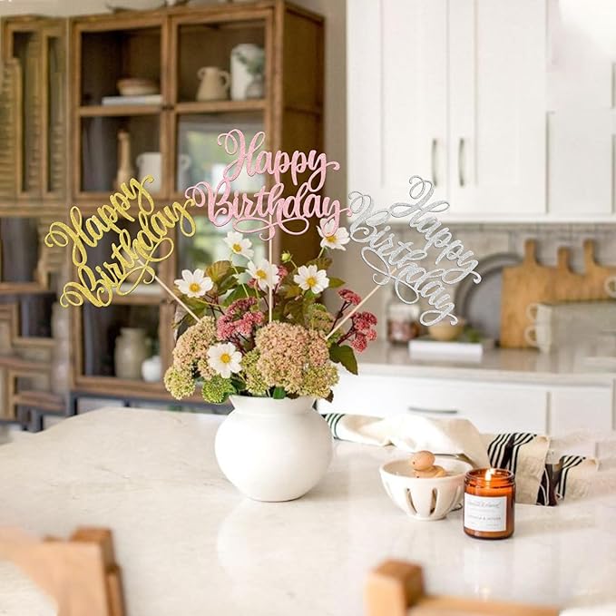 12 PCS Happy Birthday Centerpieces Sticks Double Sided Glitter Birthday Party Decorations Anniversary Table Flower Centerpiece for Celebrating Birthday Party Centerpieces Supplies Multi 4 Colors