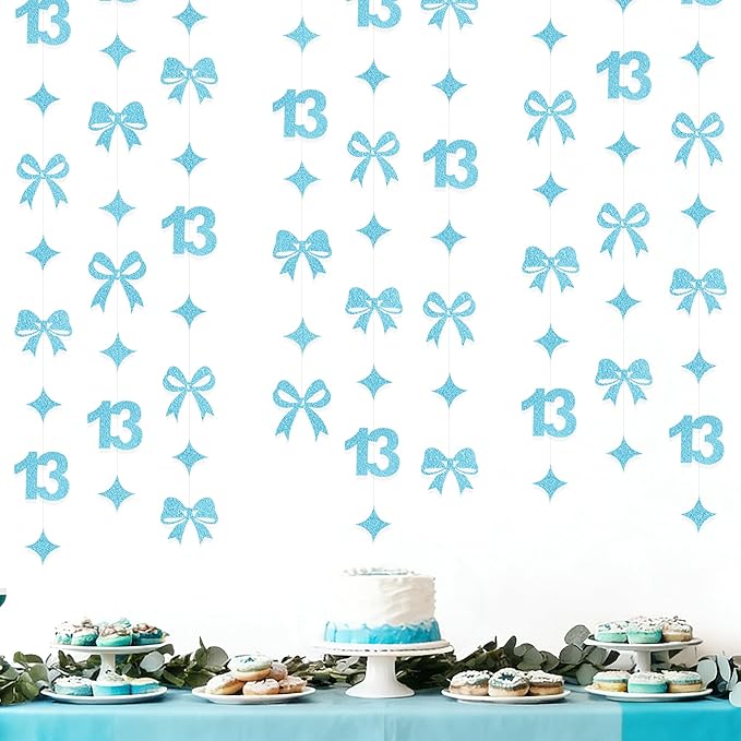 Glitter Blue 13th Bow Birthday Decorations Teal Blue Conquette Bow Garland Streamer Banner Backdrop for Girls Happy 13th Birthday Official Teenager Cheers to 13 Years Old Anniversary Party Supplies