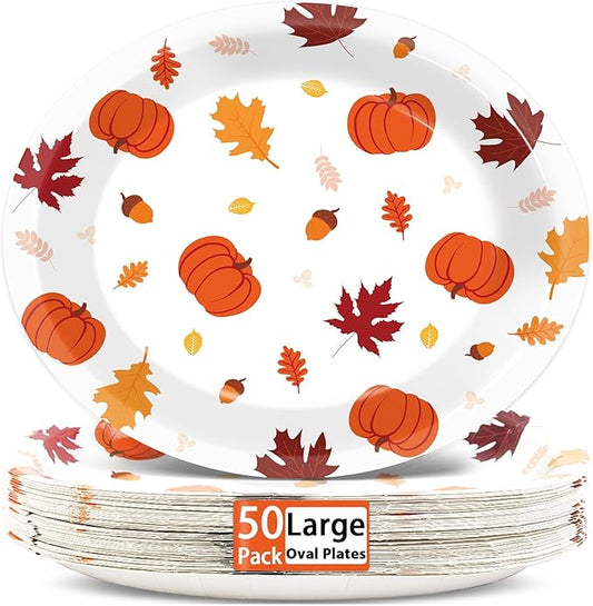 50PCS Fall Oval Paper Plates Large 11” Disposable Thanksgiving Party Decorations Maple Leaf Pumpkin Supplies Favor for Autumn Theme Platters Fall Heavy Duty Dish Gathering Dinner Party Tableware Set