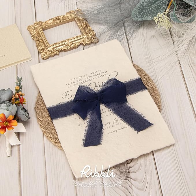 Ribbli Navy Ribbon 1 Inch x 3 Rolls Total 24 Yards Handmade Fringe Chiffon Silk Ribbon for Wrapping Wedding Invitations Bridal Bouquets DIY Crafts Home Decor