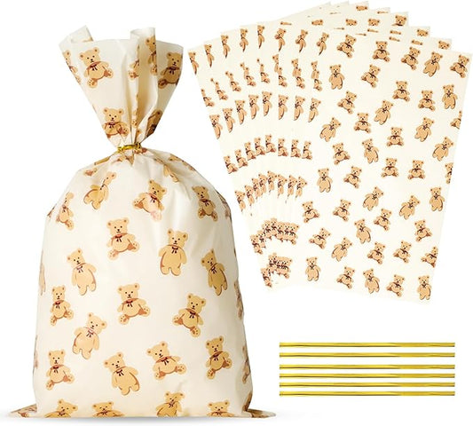 Docvania Bear Cellophane Treat Bags Plastic Gift Bag 100 pcs 7 X 12 Bear Cookie Bags with Ties Goodie Candy Bag Suitable for Mother's Day, Valentine's Day, and Holiday Parties