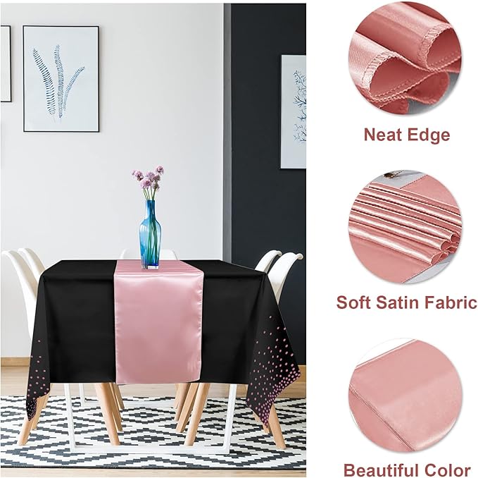 16Pack Disposable Plastic Tablecloths and Satin Table Runner Set Black and Rose Gold Dot Tablecloth Gold Satin Table Runner for Wedding Birthday Baby Shower Anniversary Christmas New Year Party Supply