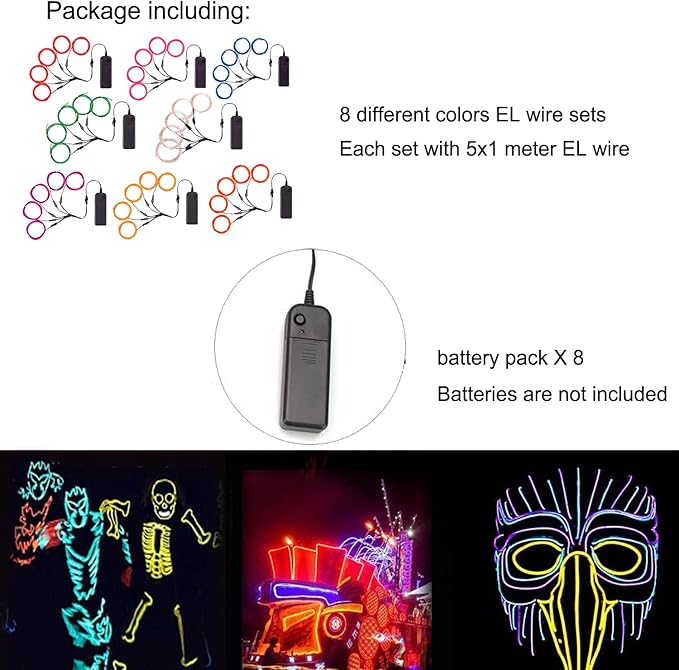 8 pasks 5-in-1 Meter El Wire,Illuminated Decorative Wire, Suitable for Birthday Parties, Thanksgiving, and Other Occasions
