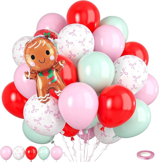 Christmas Balloons, 60pcs Pink and Red Green Balloons with Gingerbread Man Foil Xmas Balloon, Pastel Green Red and Pink Bow White Balloon for Christmas Party Decorations Birthday New Year Supplies