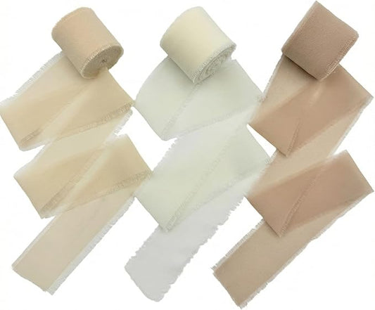 Frayed Edge Chiffon Ribbon Set, 3 Pack 1.5 Inch Wide Polyester Chiffon Ribbon, 21 Yards Total in Khaki, Beige and Champagne for Wedding Decor, Floral Bouquets and Gift Wrapping