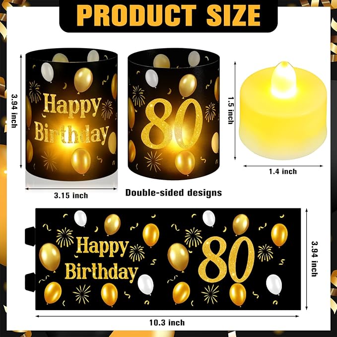10 Sets 80th Happy Birthday Centerpieces for Table Black and Gold Birthday Decorations Lantern Boxes with Tea Lights Candles Centerpieces for Men Women 80th Party Supplies