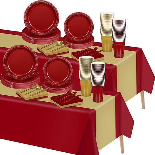 Uiifan 194 Pcs Plastic Plates Party Set Disposable Tableware Set for 24 Guests with Plastic Plates Spoons Forks Knives Cups tablecloth Napkins for Graduation Birthday Wedding Party(Burgundy,Gold)