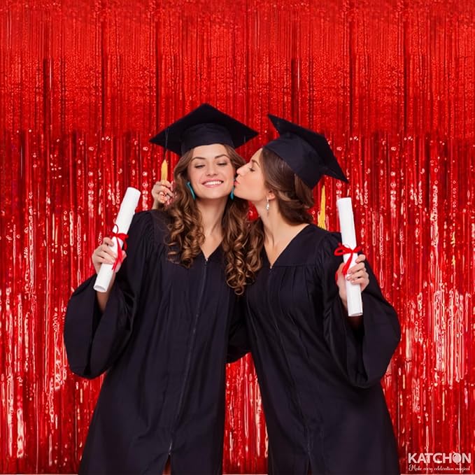 KatchOn, XtraLarge Red Streamers Backdrop - 3.2x8 Feet, Pack of 2 | Red Fringe Backdrop for Graduation Decorations 2026 | Foil Fringe for Birthday, Carnival, Casino Theme Party Decoration