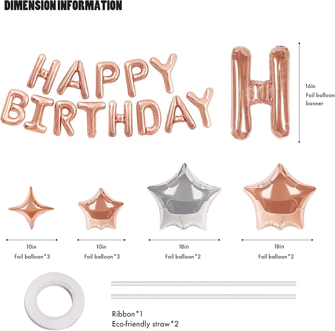 CANREVEL Happy Birthday Banner 13pcs 16 Inch Mylar Foil Letters with 12pcs Star Balloons Birthday Party Decorations for Kids and Adults - 3D Rose Gold