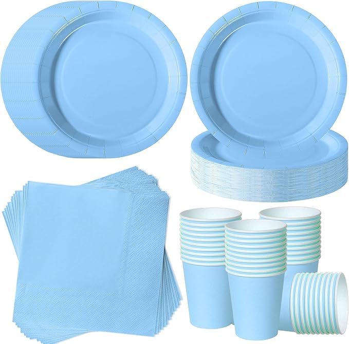 Light Blue Party Plates Set, 120-Piece Disposable Dinnerware for 40 Guests, Heavy-Duty 7-inch Paper Plates, Cups & Napkins for Baby Shower Boy, Pool Party, Nautical Theme, Summer