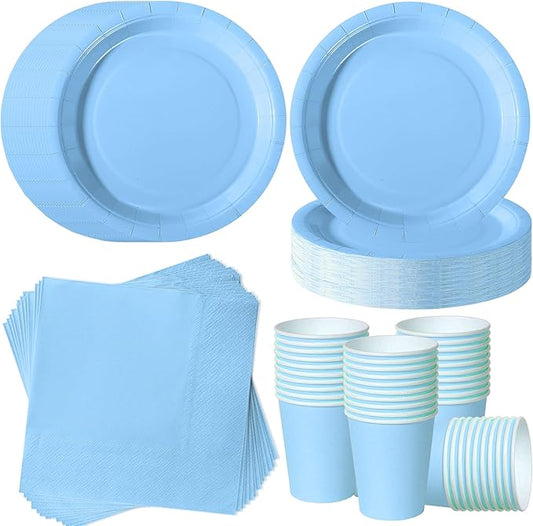 Light Blue Party Plates Set, 120-Piece Disposable Dinnerware for 40 Guests, Heavy-Duty 7-inch Paper Plates, Cups & Napkins for Baby Shower Boy, Pool Party, Nautical Theme, Summer