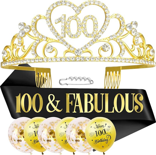 100th Birthday Tiara and Sash Kit - '100 & FABULOUS' Black Sashes and Gold Rhinestone Birthday Crown for Women