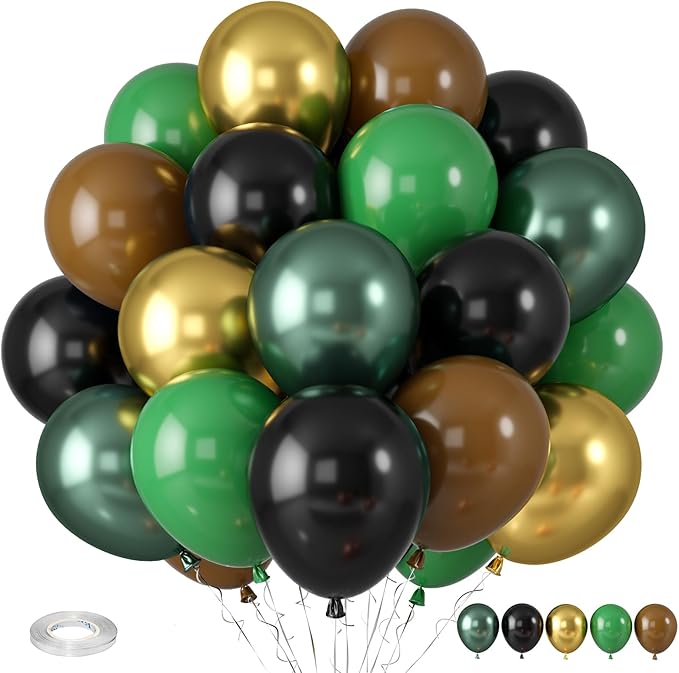 Green and Brown Balloons, Dark Emerald Green Balloon Camouflage Green Black Brown Balloons, Metallic Green Gold Balloon for Camping Game Jungle Theme Camo Birthday Baby Shower Army Party Decorations