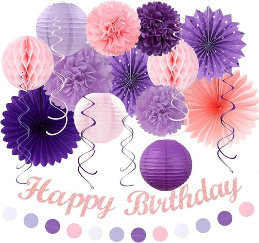 Purple Lilac-Lavender Pink Women Birthday Party-Decorations - 21pcs Happy Banner,Paper Lanterns Honeycomb,Tissue Pom Poms Flower Fan,Classroom Hanging Streamers Garland,Girls Decor Supplies Huglony