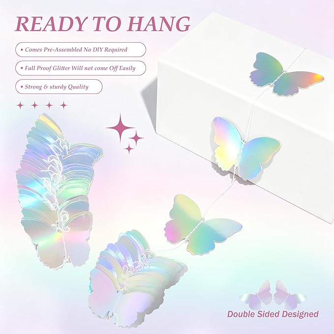 40Ft Iridescent Holographic Butterfly Garland Disco Hanging Streamer Decor for Galentines Valentines Day, Wedding, Bridal Bachelorette Baby Shower & Birthday Party