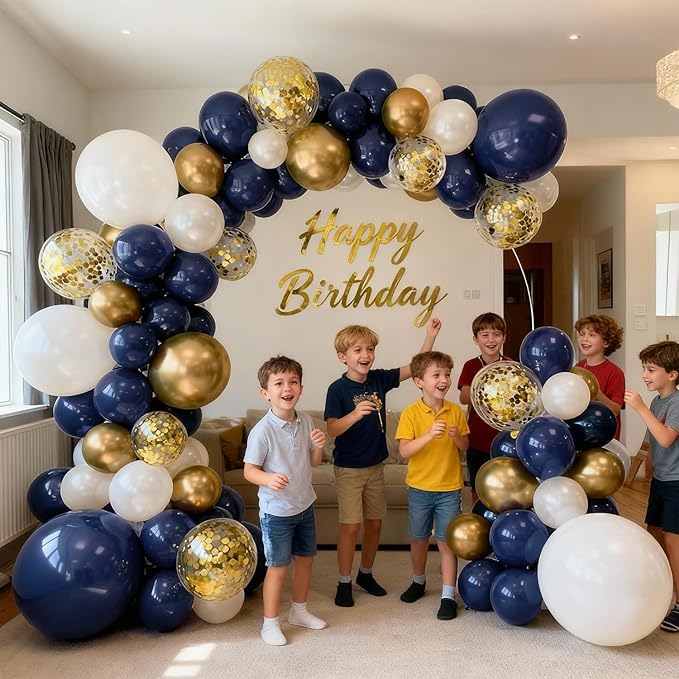 Navy Blue Gold White Balloons Arch Kit -129pcs Double Stuffed Royal Blue Chrome Gold Pearl Sand White Confetti Balloons Garland for Graduation Fathers Day Birthday New Year Wedding Party Decorations