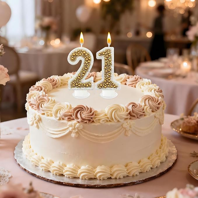 21 Birthday Number Candle for Cake, Glitter Number Candle with Gold Beads, Decorative Cake Topper for Milestone Celebrations