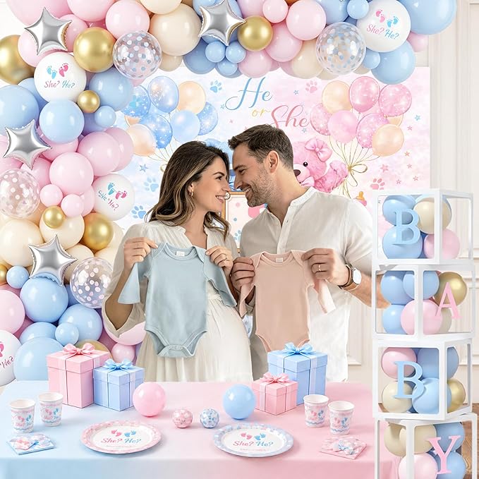 Bear Gender Reveal Party Decorations - 136 Pcs Balloon Arch Kit with Baby Display Boxes, Letters & Backdrop for Baby Shower Boy or Girl Party (Blue-Pink)