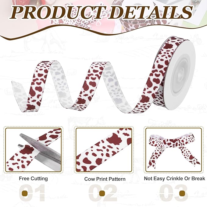 PATIKIL 2 Rolls Cow Print Ribbon Set, 10 Yards Grosgrain Animal Print 3/8" Width Western Farmhouse Ribbons for Gift Wrapping, Party Decorations, DIY Crafts, Black/Brown