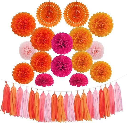 Envibe Pink Orange Party Decorations, Tissue Paper Pom Poms Decorations for Wedding, Baby Shower, Bridal Shower, Graduation and Thanksgiving Party, 36 Pcs Orange Birthday Decorations.