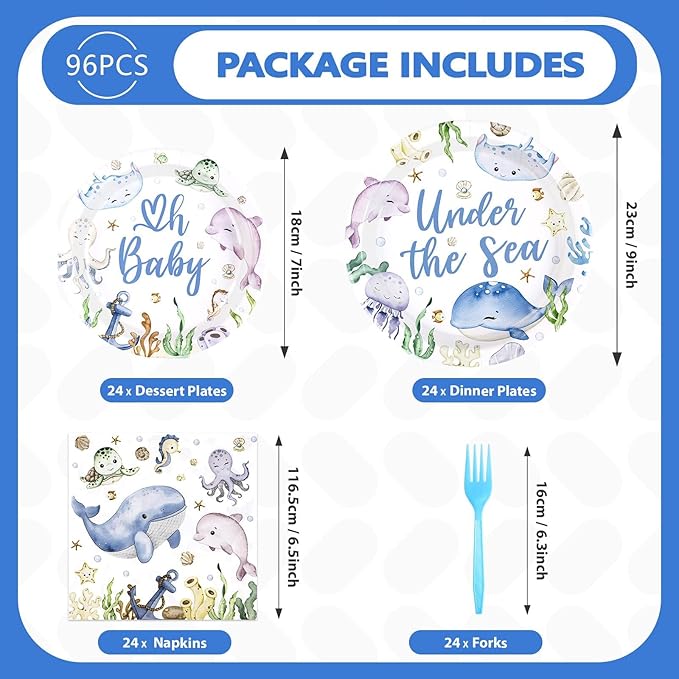 96Pcs Under The Sea Supplies Ocean Theme Party Plates and Napkins Disposable Sea Life Tableware Set Under The Sea Party Decoration for Underwater World Birthday Party Serve 24