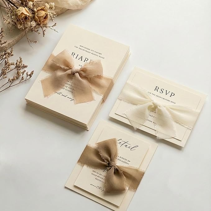 Frayed Edge Chiffon Ribbon Set, 3 Pack 1.5 Inch Wide Polyester Chiffon Ribbon, 21 Yards Total in Khaki, Beige and Champagne for Wedding Decor, Floral Bouquets and Gift Wrapping