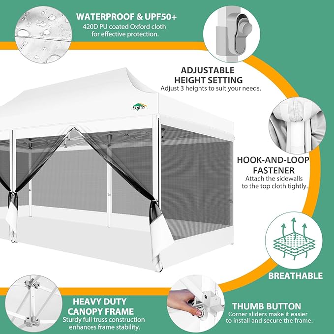 COBIZI 10x20 Canopy Tent with 6 Sidewalls,Heavy Duty Pop up Canopy with Mosquito Netting,Easy up Screen Tent for Parties Wedding Outdoor Patio with Roller Bag,White