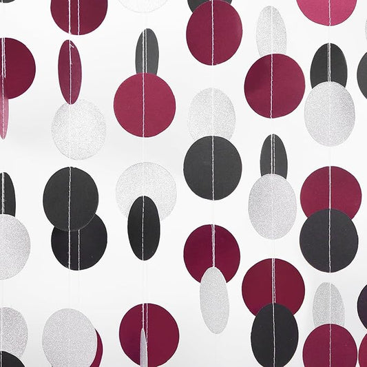 Silver Black and Burgundy-Red Birthday-Decorations - 52Ft Paper Garland Circle Dots Streamers Party Banner Girl Bridal Shower Wedding Bachelorette Engagement Graduation Hanging Decor Hongtongtong