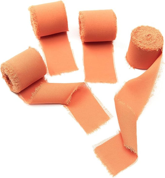 4 Rolls Orange Handmade Fringe Chiffon Silk Ribbon 1.5" W x 5Yd Per Roll,Frayed Edges Ribbon Set for Gifts Wrapping,Wedding Invitations,Bouquets,DIY Crafts (1.5" x20Yd, Orange)