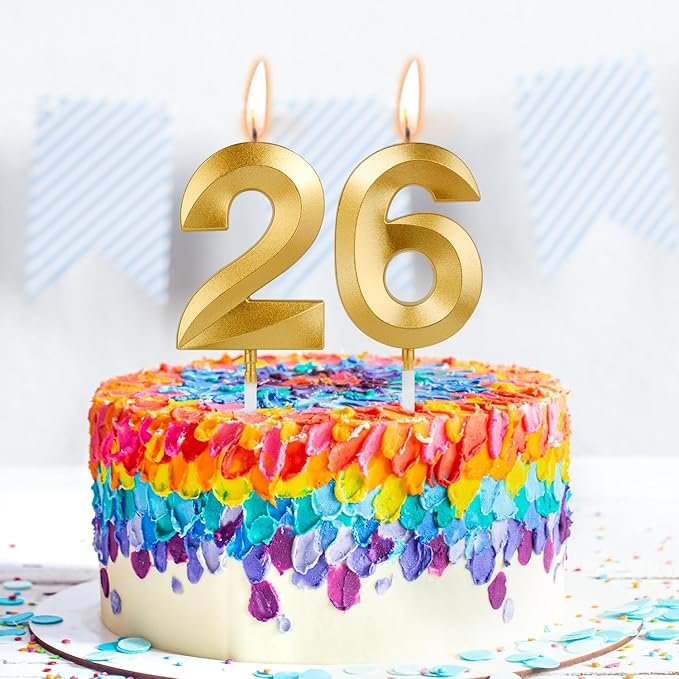 Birthday Candles, 1.96 Inch Number 26 Happy Birthday Candles, Number Candles Decoration for Birthday Party and Anniversary Celebration(Champagne Gold)