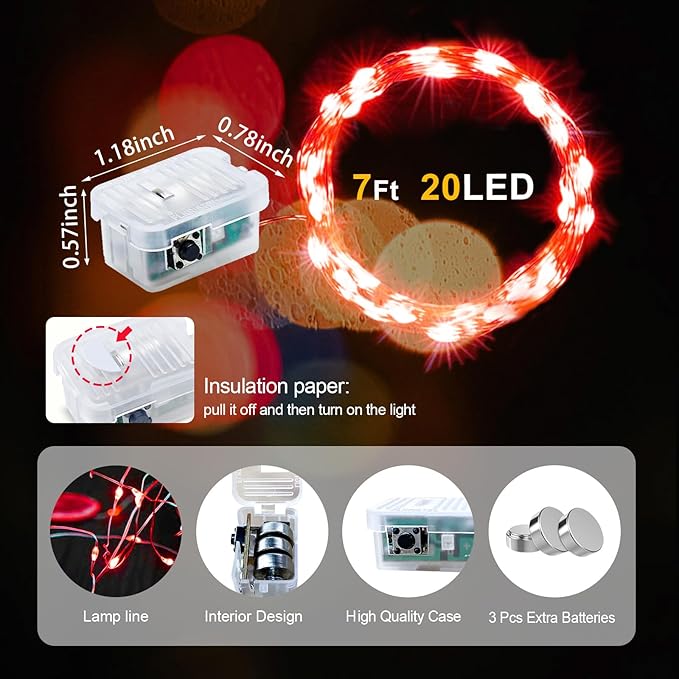 pozzolanas 12 Pack Red Fairy Lights Battery Operated 3 Modes 7FT 20 LED Waterproof String Lights Twinkle Silver Wire for Mason Jars Wedding Christmas Halloween Party Decor (12, Red)
