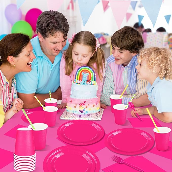 229PCS Hot Pink Party Supplies Set - Paper Disposable Plates Cups Plastic Spoons Forks Knives Napkins Serve 30 Guests