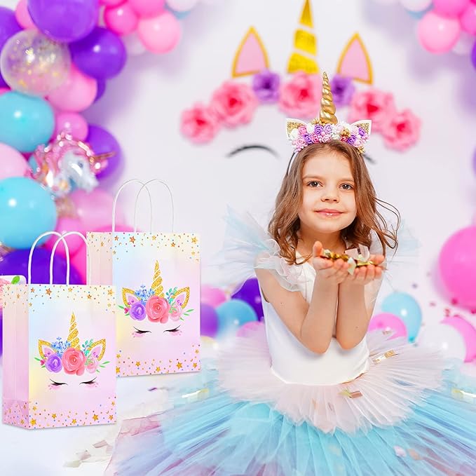 Gersoniel 16 Pcs Unicorn Party Favor Bags with Handles Unicorn Gift Goodie Treat Bags for Birthday Party Favors Supplies(8.27 x 5.9 x 3.15 Inch,For Girls)