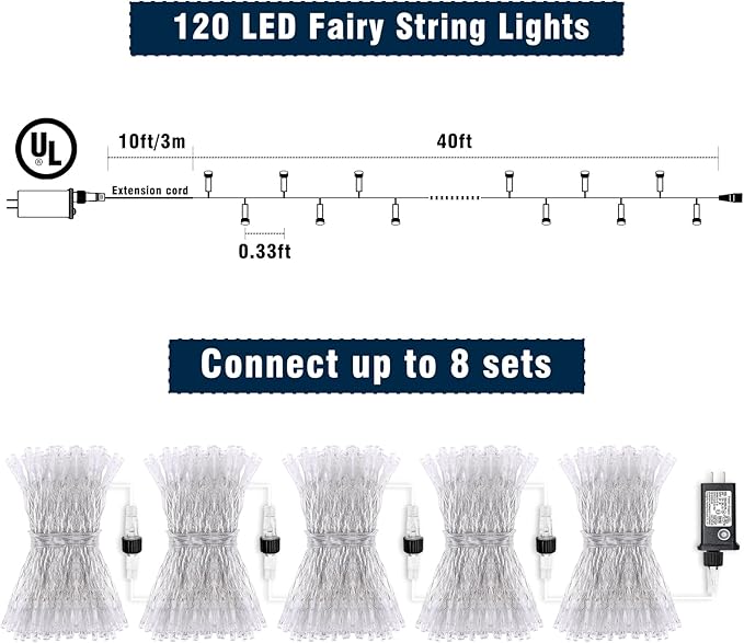 120 LED Green String Lights Indoor, 40ft St Patricks Day Lights Clear Wire 8 Modes Plug in Waterproof Christmas Fairy Lights for Room Christmas Tree Holiday Decorations